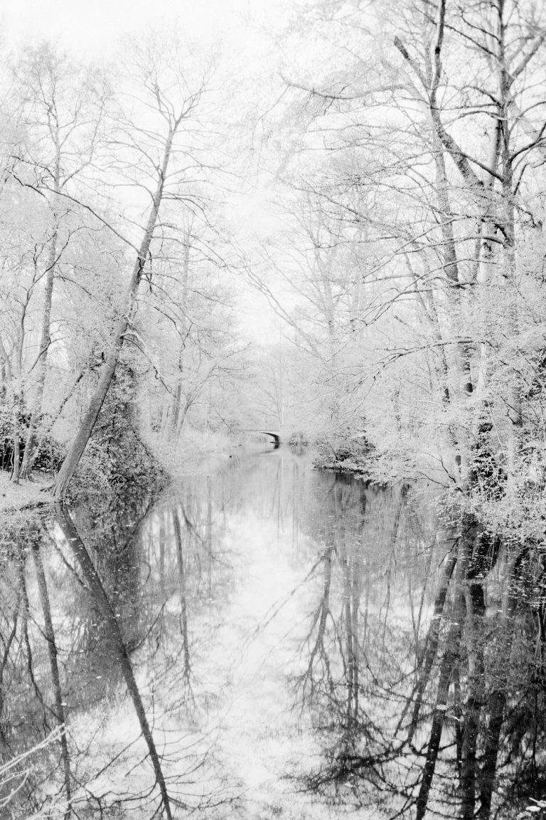 Ein ruhiger Fluss in einer bewaldeten Umgebung, in Schwarz-Weiß mit spiegelndem Wasser.